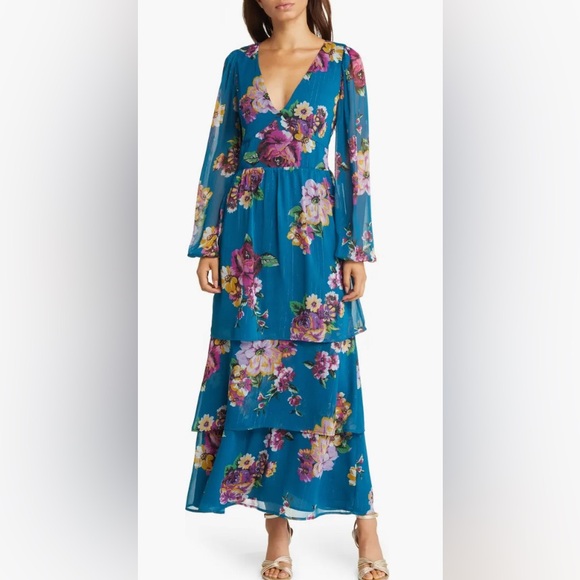 NWT Fourteenth Place Balboa Tiered Floral Print Long Sleeve Chiffon Maxi Dress - Picture 1 of 14